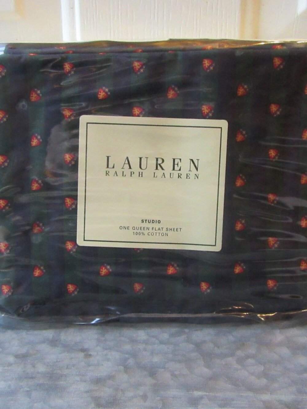 New in Package Unused Vintage Ralph Lauren Queen Flat Sheet Studio Crest Stripe